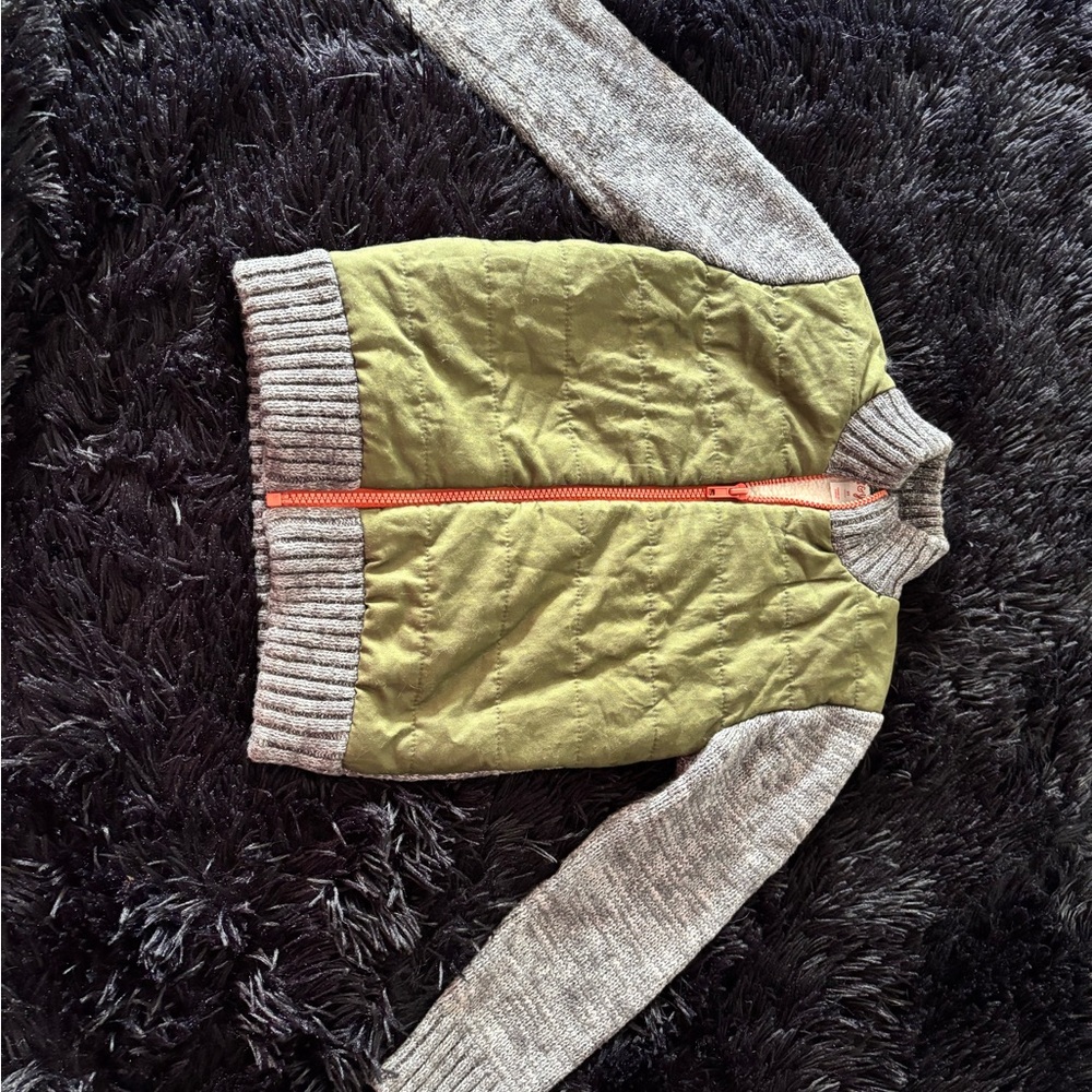 Green and Gray Quilted Jacket with Orange Zipper